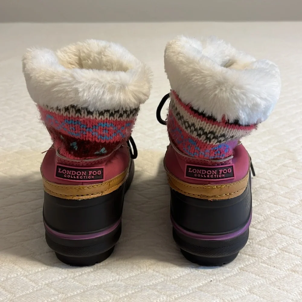 London Fog winter boots, sweater knit uppers, faux fur, pink/brown kids 10